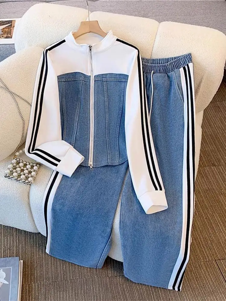 Women Preppy Style Patchwork Contrast Denim Sets Stand Collar Zipper Jackets Coats Elastic Jeans 2 Piece Suit Streetwear Comfort250825
