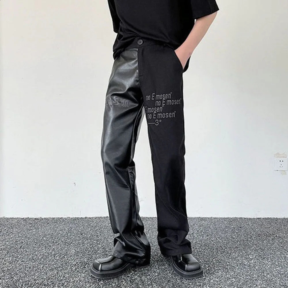 Summer Mens Embroidered Splicing Leather Trousers Fashion Casual Trend High Street Hiphop Niche Simple Mens Bottoms 250827