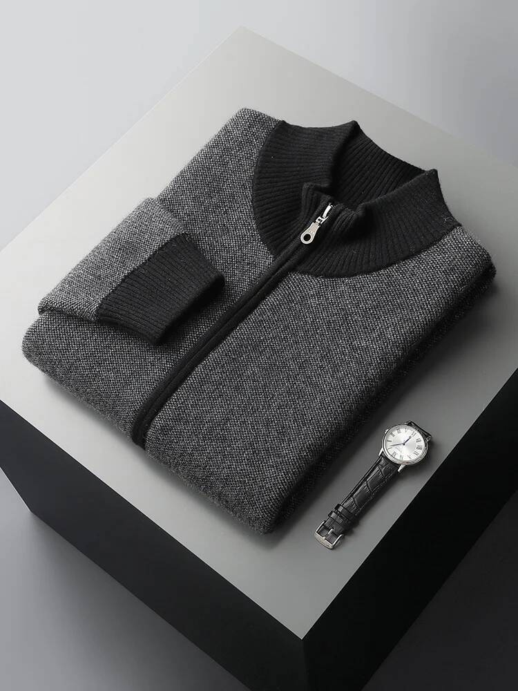 Men's 100% Cashmere Sweater Zipped Cardigan Mock Neck Comfortable Thick Autumn Winter Warm Soft Casual Clothing Business Tops