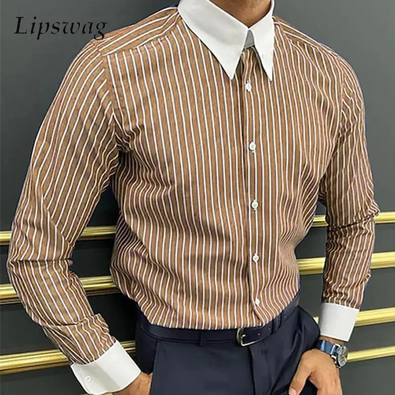 Spring Autumn Mens Casual Shirts Long Sleeve Buttoned Turndown Collar Patchwork Shirt For Men Vintage Striped Print 250825