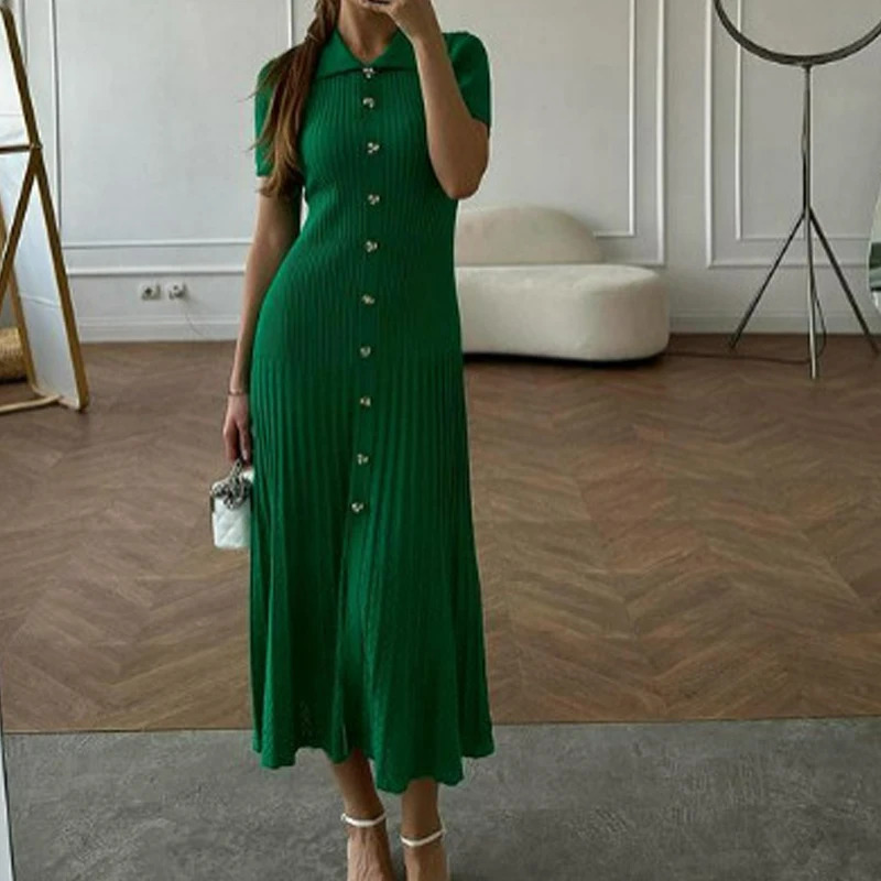 YuooMuoo Summer Maxi Dress Women Knit Black Green Long Bodycon Korean Fashion Ruffle Ladies Dresses Elegant Office Women Dress250825