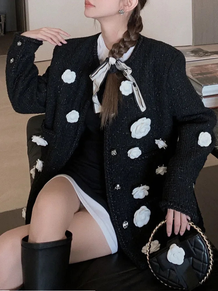 3D Flower Woolen Jacket Woman Slim ONeck Long Sleeve Solid Outerwears Fashion Streetwear Style Elegant Coats 250826