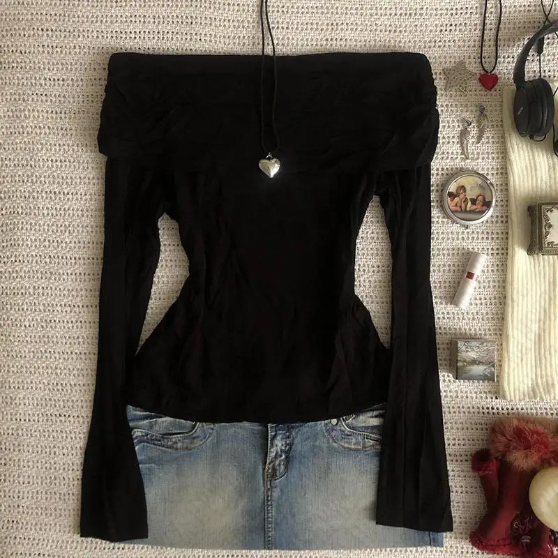 Sexy Punk Y2k Long sleeve Crop Top One shoulder Harajuku Grunge Goth Pullover Streetwear Hip Hop Baby Tee Retro Fashion EMO 250826