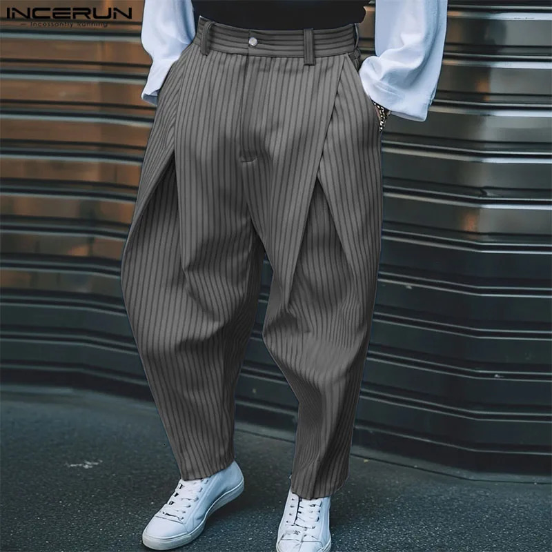 INCERUN Men Pants Striped Button Joggers Oversize Casual Trousers Men Pleated Streetwear 2025 Fashion Leisure Long Pants S-5XL250825