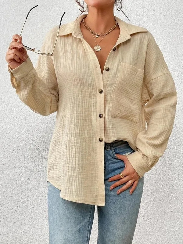 Summer 100% Cotton Women Shirts Casual Turn Down Collar Shirt Top Long Sleeve Top Office Lady Elegant Blouses for Women Blusas250825