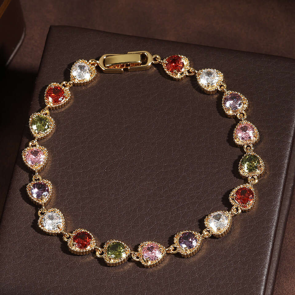 2025 New Luxury Jewelry Designer Bracelet Colorful Zircon Female Live Streaming Set with Love Trend Fashion Jewelry Copper Set Zircon Bracelet Gold