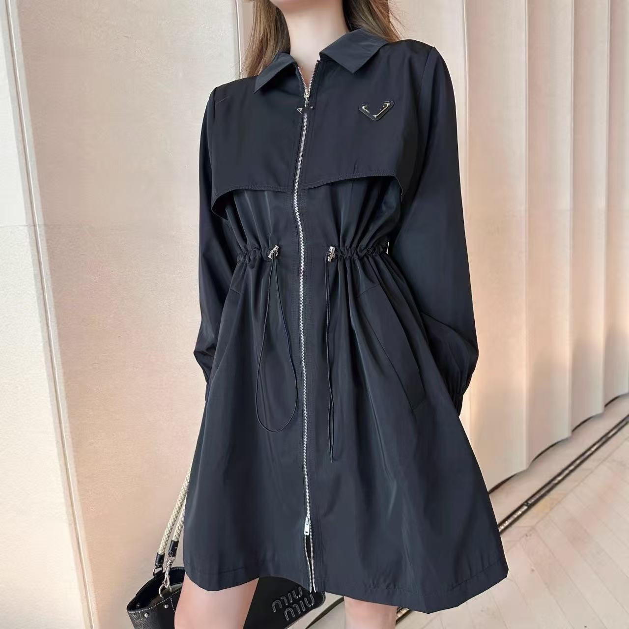 Early autumn new design designer French-style elegant collar fitted long-sleeved zipper windbreaker-style dress