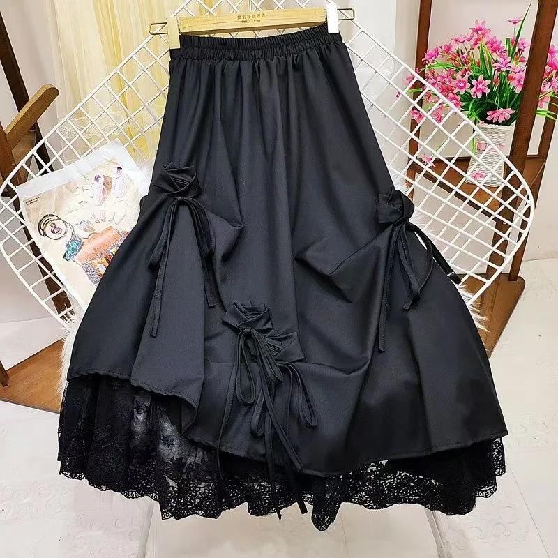 Japanese Style Womens Dull Black Long Dress HighWaisted Bow Spliced Lace A Line MidLength Skirt Female Fashion250825