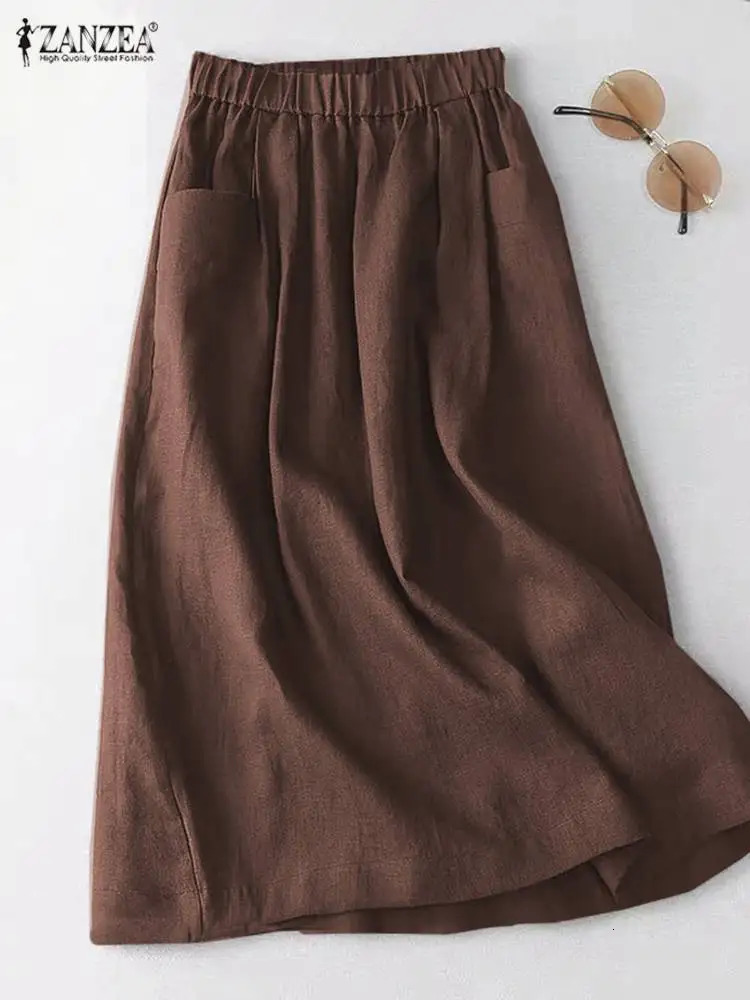 ZANZEA Women Cotton Skirt Holiday Elastic Waist Midi Skirt 2024 Summer Side Pockets Falda Saias Casual Korean Solid A Line Jupe250825
