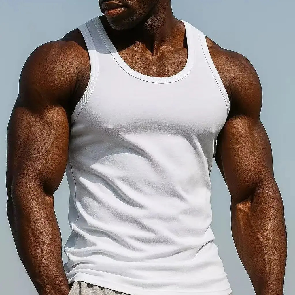 White Modal Muscle Fit Ribbed Tank Top, Men's Sleeveless Workout Shirt for Summer Training