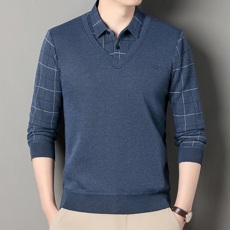 Male Fleece Knitted Sweater Mens Pullover Autumn Winter Tshirt Collar Sweaters Beige Navy Blue Korean Top Clothing 250826