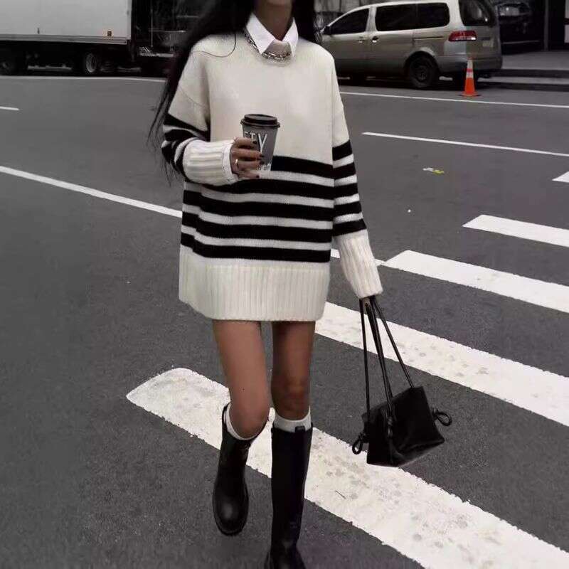 Women's Clothing autumn winter women's clothing hot girl style niche black and white striped high collar lazy mid length sweater