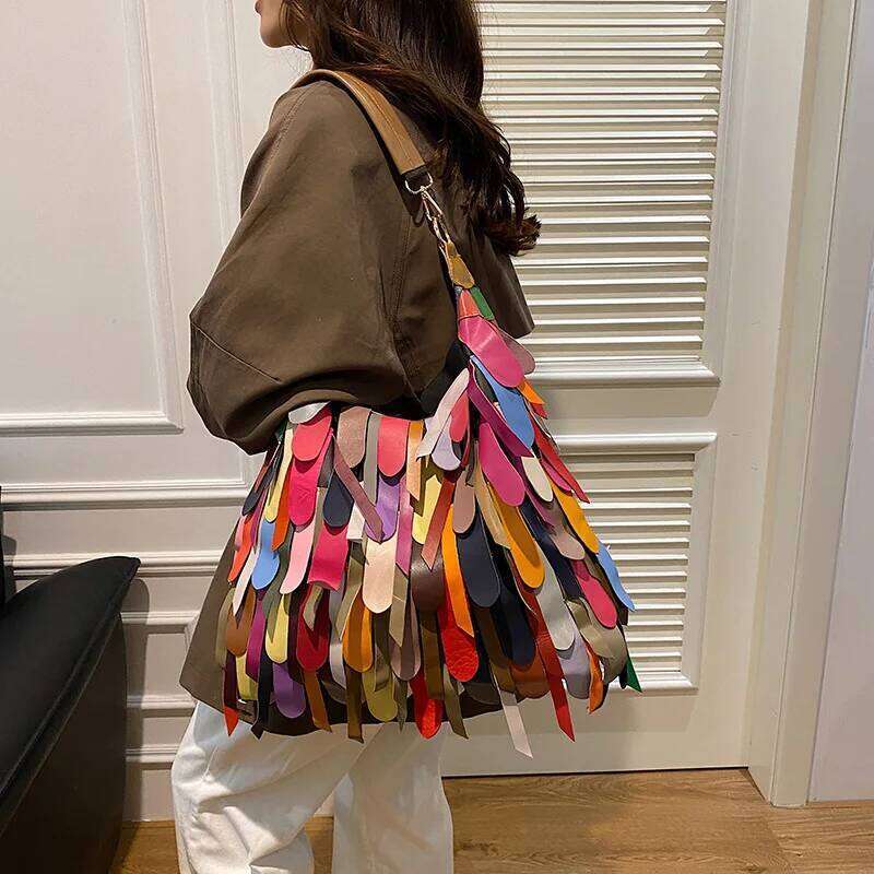 Designer Bags 2025 Hot Sale Women Natural Cow Hobo Handbags Boho Style Retro Tassel Colorful Genuine Leather Patchwork Large Shoulder Cro Luxury Bag