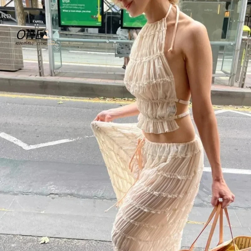 Halter Neck Long Skirt Women Sling Top Elegant Lace Up Fold Maxi Skirts Summer Pleated Sleeveless Backless Tops 2pcs Outfits 250823
