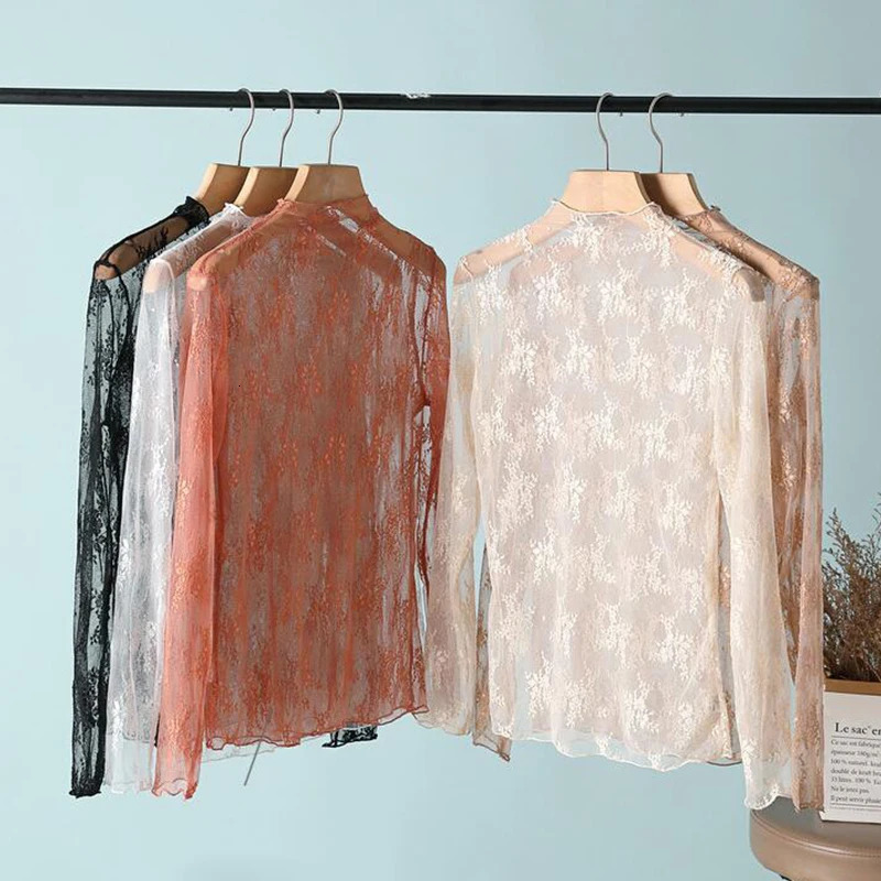 Sexy Women Mesh TShirts Transparent Lace Blouse Long Sleeve See Through Tops For O Neck Sheer Tees Body Crop Top 250826