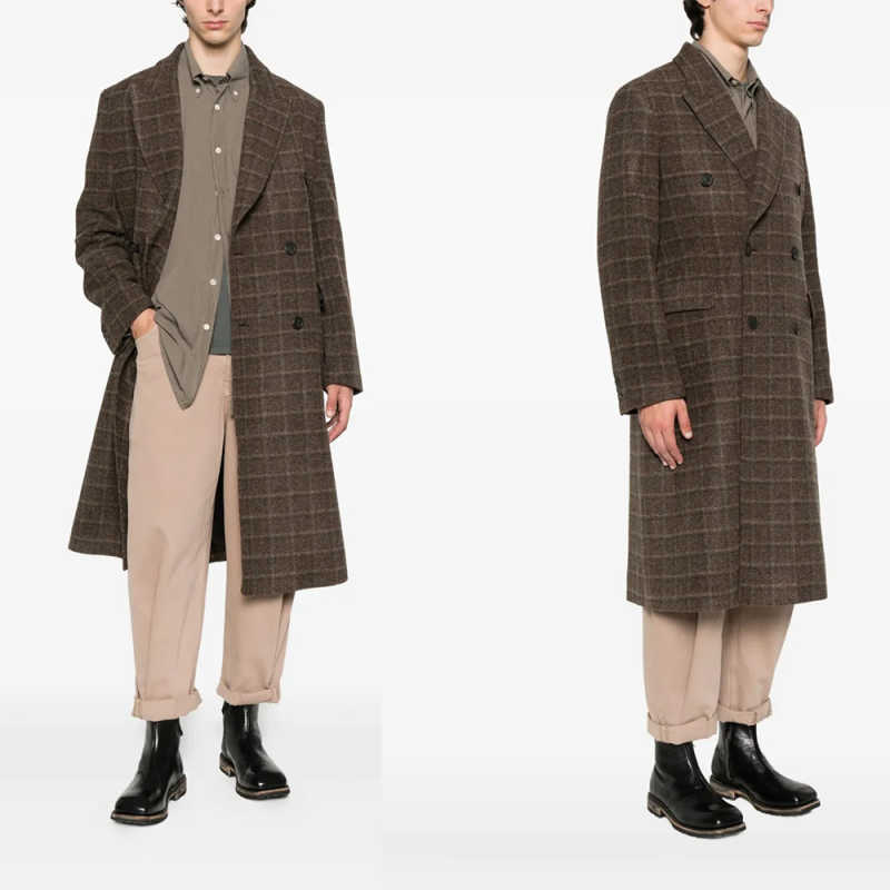 Winter Plaid Man Overcoat Woolen Blend Mid-Long Thickened Style Slim Warm Windbreaker Jacket Outwear Man Clothes