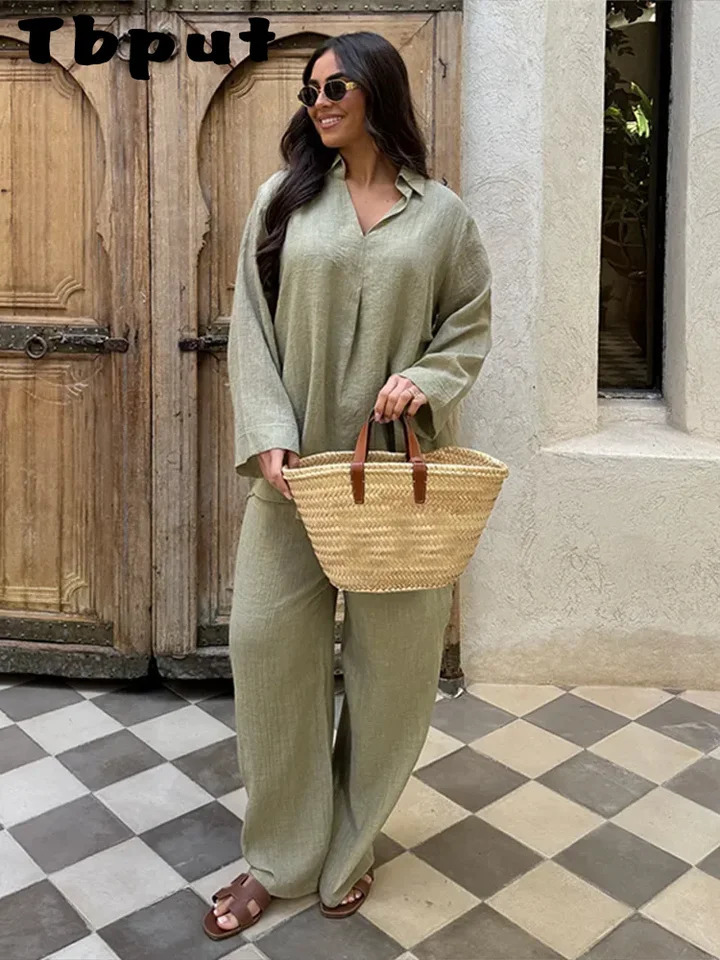 Casual Womens Trouser Suits Solid Lady TurnDown Collar Long Sleeve Straight Pants 2025 Spring Summer 2 Pieces Set Women250825