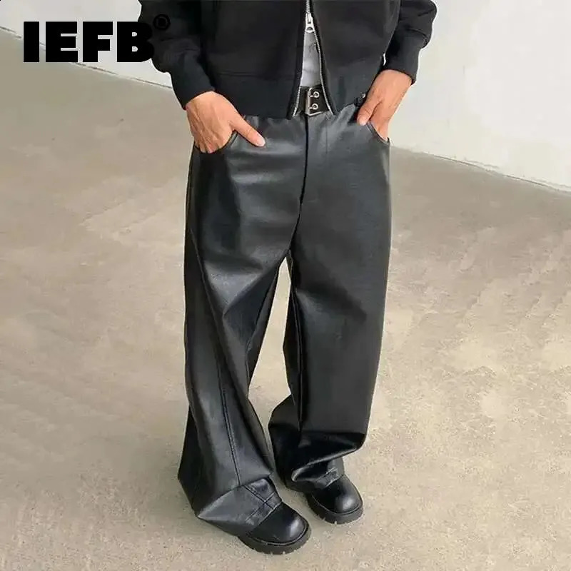 IEFB American Style Mens Pants Casual Pu Leather Solid Color Straight Wide Leg Streetwear Male Trousers Personalized 9C8060 250826