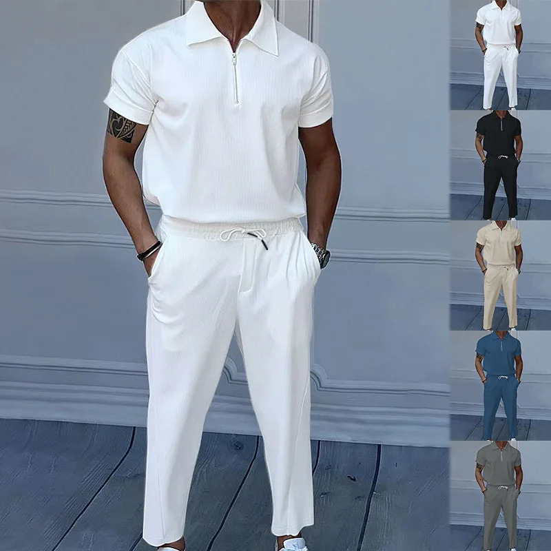 Summer European and American mens solid color suit lapel short sleeve zipper trouser suit250826