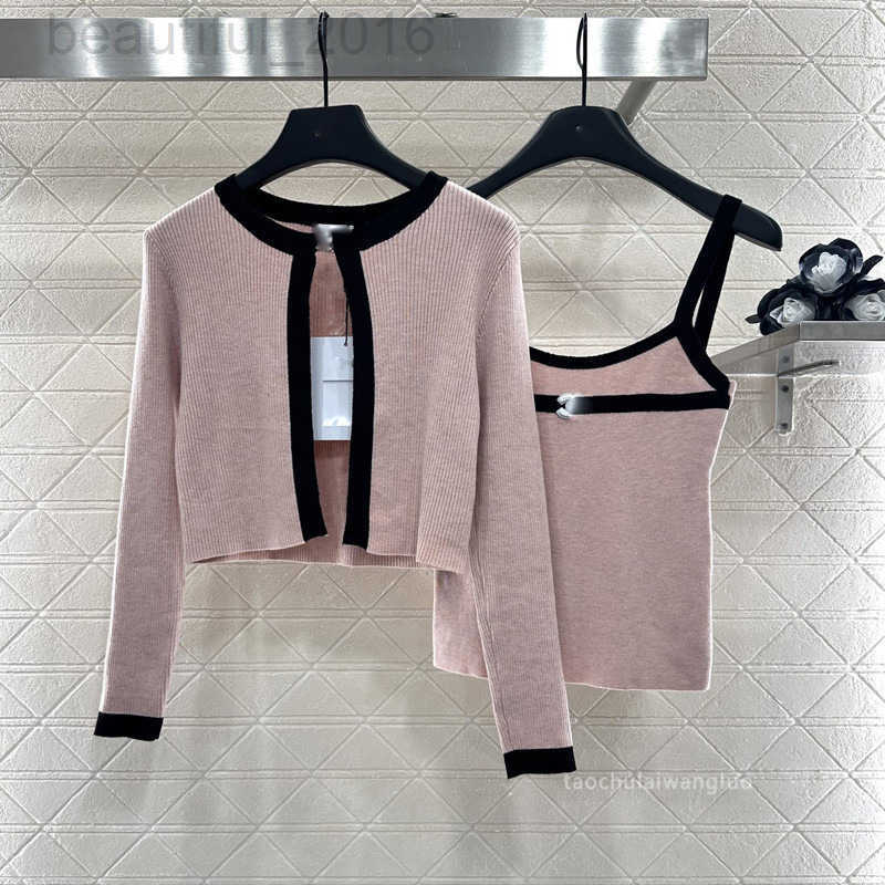 Women's Knits & Tees designer Korean Style Girl's Versatile Round Neck Color-Block Knitted Long Sleeve Cardigan + Camisole Two-Piece Set E