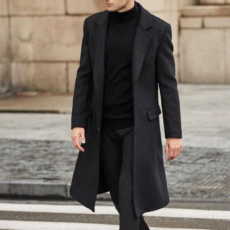 ursporttech Autumn Winter Men Coat Solid Long Sleeve Woolen Jackets Fleece Men Overcoat Streetwear Fashion Long Trench OuterwearXJ250827