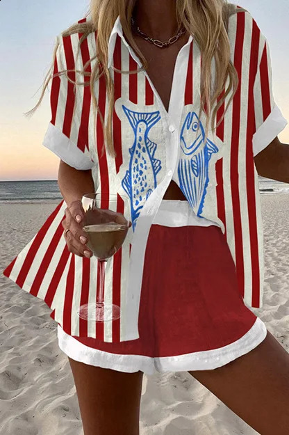 Fashion Print Beach Holiday 2Piece Set Women Summer Short Sleeve Shirt Top Wide Legs Womens Oversized TwoPiece Outfit 250827