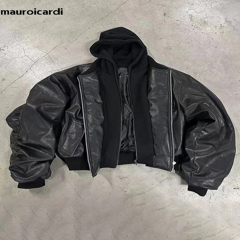 Mauroicardi Autumn Winter Oversized Cool Black Thickened Warm Pu Leather Bomber Jacket Men Hood y ner 2 Clothes 250826