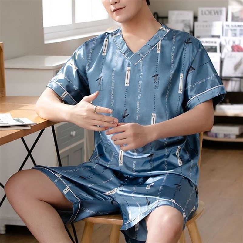 Large Size Men Homewear Ice Silk ShortSleeved Shorts Student Pajamas Korean Version with Letters Loose 3xl ShortSleeved TwoPi250827
