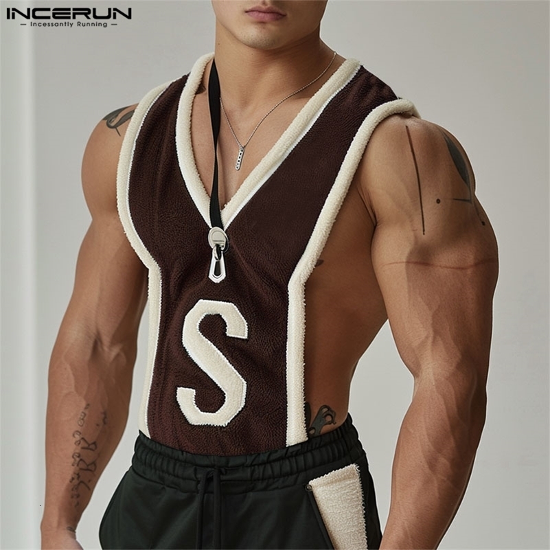 INCERUN Tops 2024 Korean Style Sexy Fashion Men S Letter Pattern Splicing Striped Vests Summer Casual Sleeveless Tank Tops S5XL250827