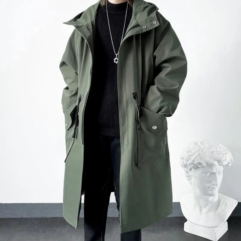 Spring Autumn Green Windbreaker Fashion Mens Midlength Casual Hooded Coat Men Daily High Street Overcoat Male Clothes 250827