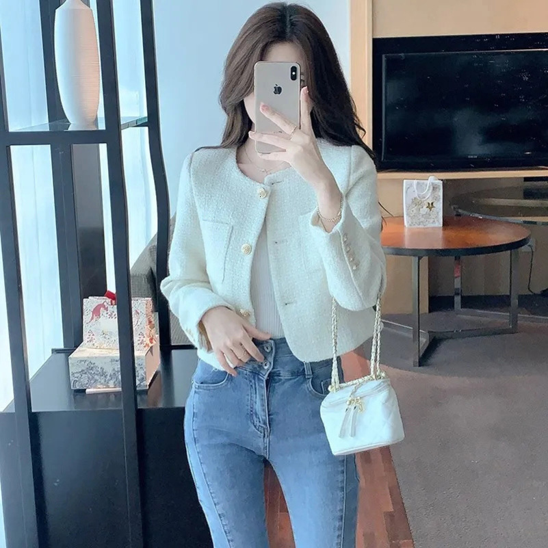 White Elegant Jacket Women Tweed Spring Fall Single Breasted ONeck Coat Office Lady Cropped Fashion Korean Tops 250826