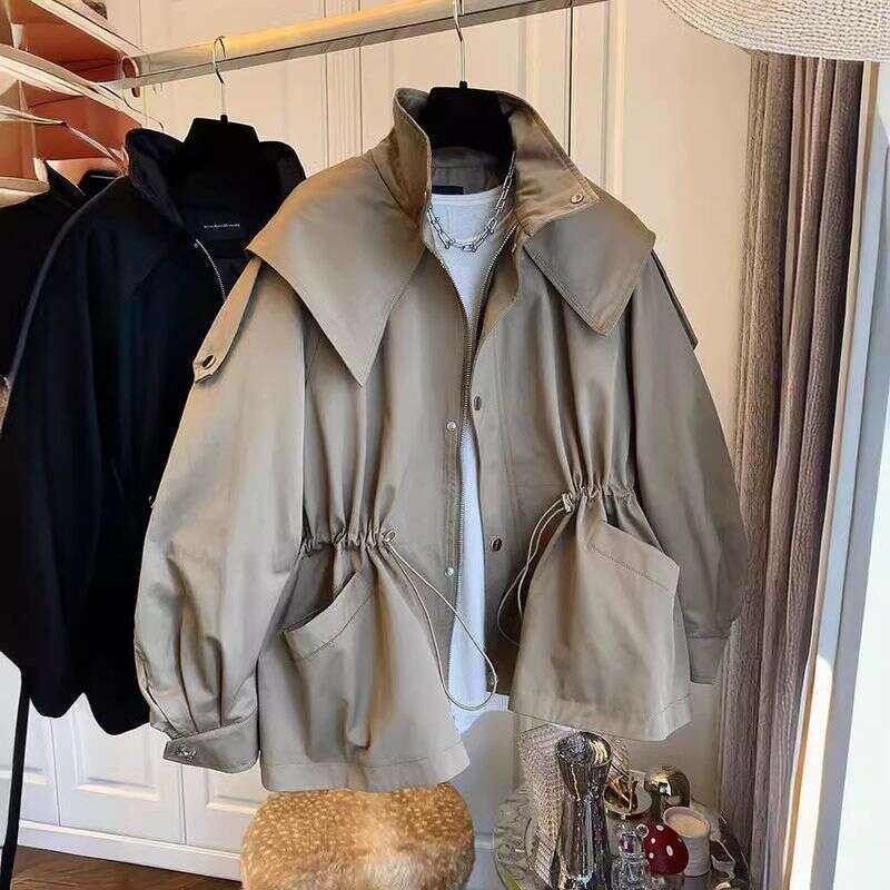 Women's Fur Women's Casual Drawstring Waist Tooling Trench Coat Female Spring And Autumn Short