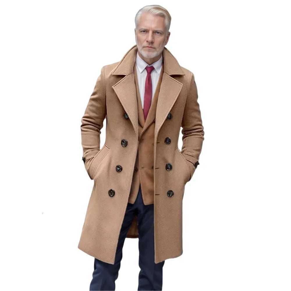Autumn Winter Mens Woolen Coats Business Casual Fashion Double Breasted Long Woolen Trench Male England Style Wool Blends CoatXJ250827