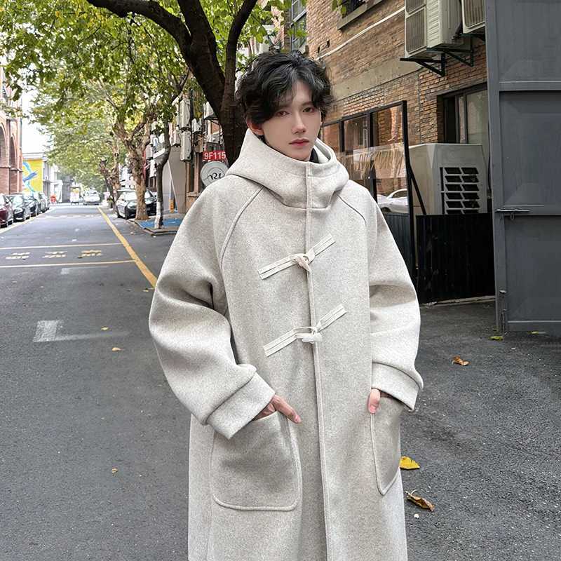 100 Cotton Korean Fashion Woolen Hooded Long Trench Coat Winter Harajuku Wool Coats Streetwear Overcoat Windbreaker Jackets CoatsXJ250827