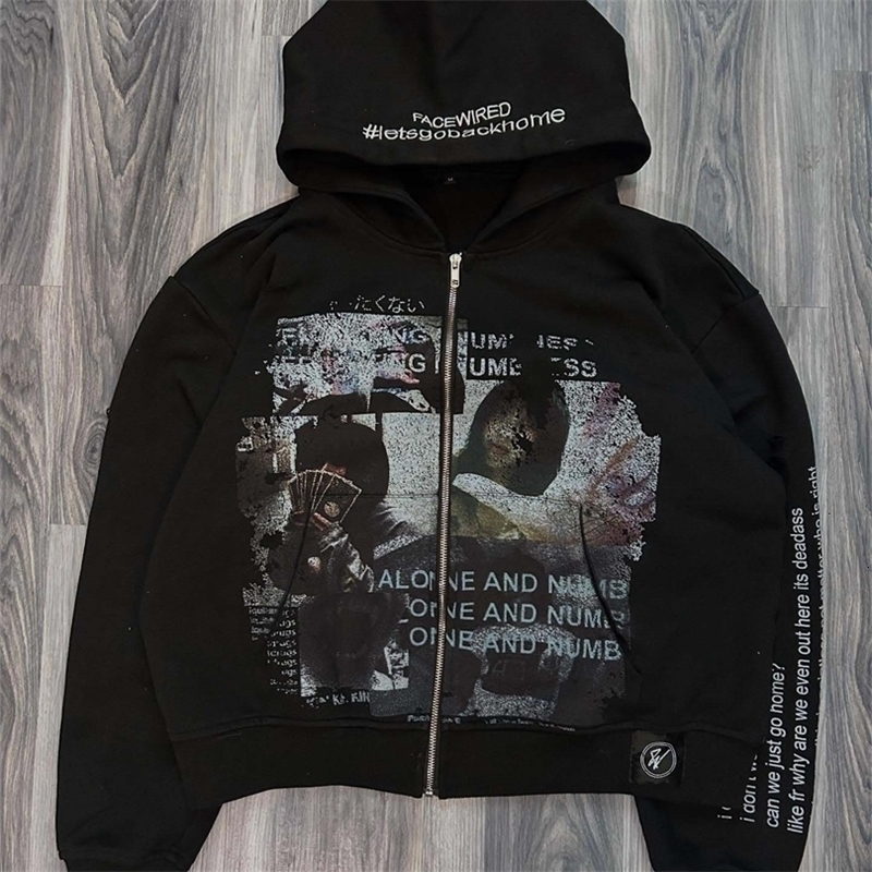 Harajuku Casual Letter Zip Oversized Hoodie Grunge Streetwear Gothic Sweatshirt Hoodies Women Tops Men Clothing Goth Y2k Clothes250826