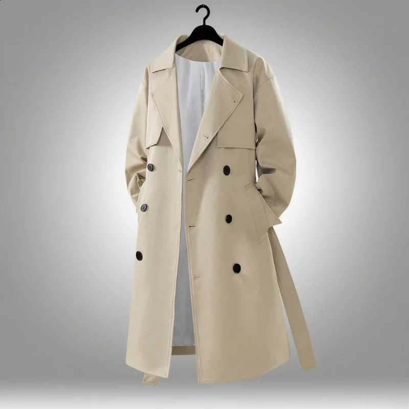 Mens Double Breasted Trench Coat MidLength Loose Fit Windbreaker Fashionable High Quality Soft Outerwear for Casual Office 250918BJ