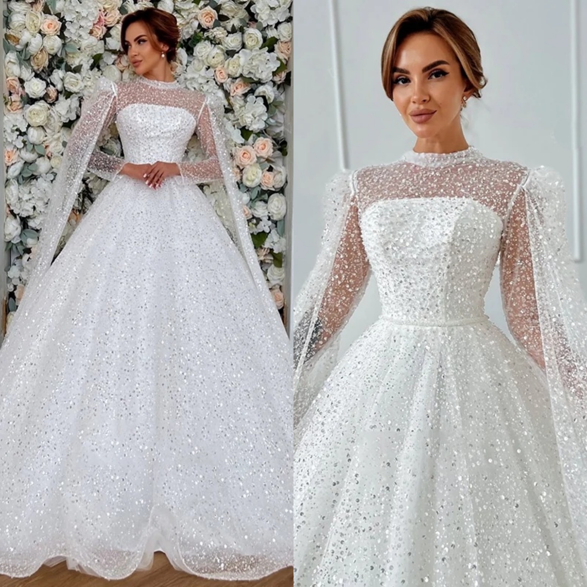 Classic A Line Women Wedding Dress Jewel Neck Long Sleeves Bridal Gowns Sequins Beaded Sweep Train Dress Customized vestidos de novia