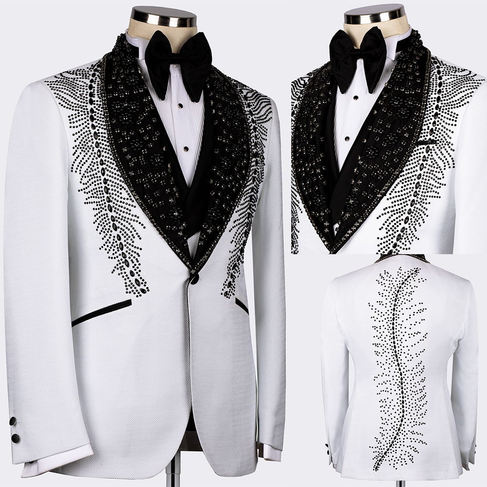 Handsome Men Suits Beading 2 Pieces Set Tailor-Made Rhinestone Jacket Blazer One Button Groom Customized Coat Pants Plus Size