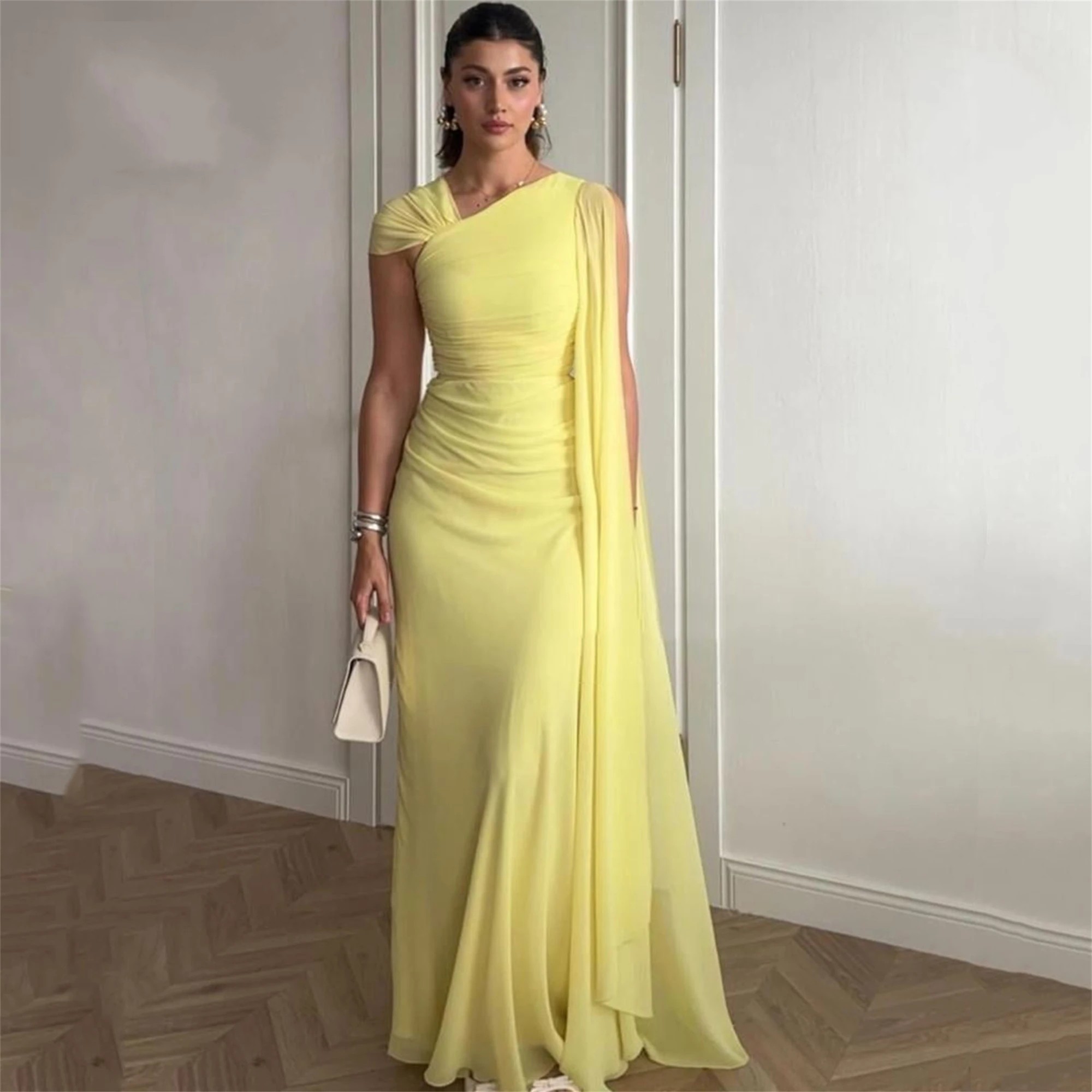 2026 Chic Yellow Evening Formal Dress One Shoulder Chiffon Pleats Floor Length A-line Prom Pageant Party Gowns Robe De Soiree