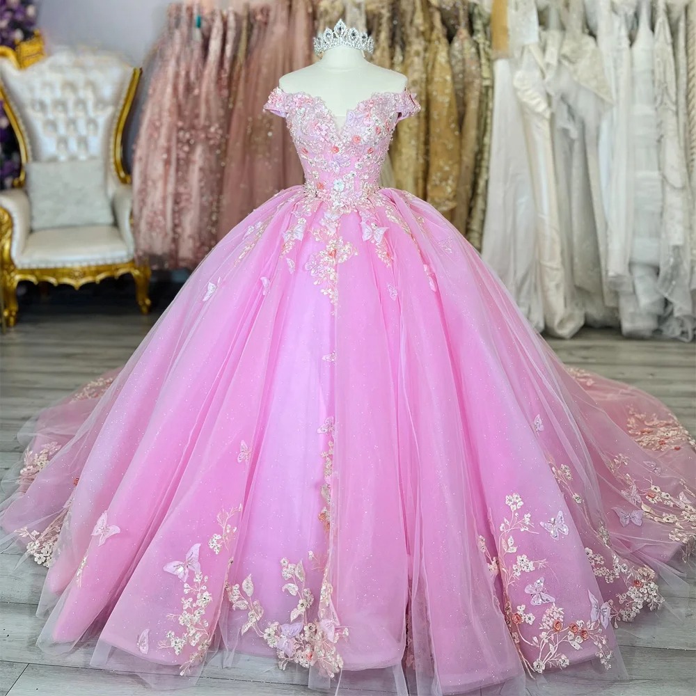 Princess Pink Quinceanera Dresses Off the Shoulder Appliques Beads Pleat Birthday Party Sweet 16 Customized