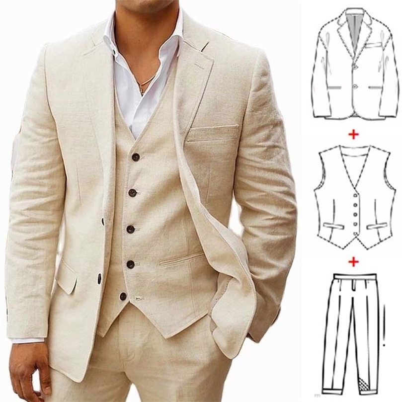 3 Piece Linen Summer Men Suits for Wedding Groom Tuxedos Casual Beach Custom Man Suit Set Jacket Vest with Pants Man Fahion250826