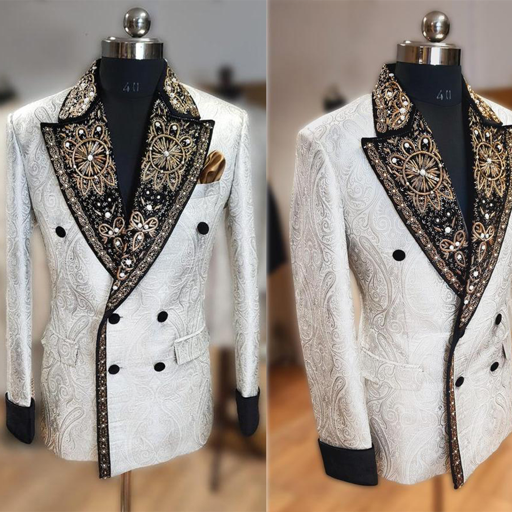 Fashion Appliques Men Suits Jacquard 1 Piece Tailor-Made Jacket Only One Blazer Embroidery Double Breasted Groom Customized Coat Plus Size