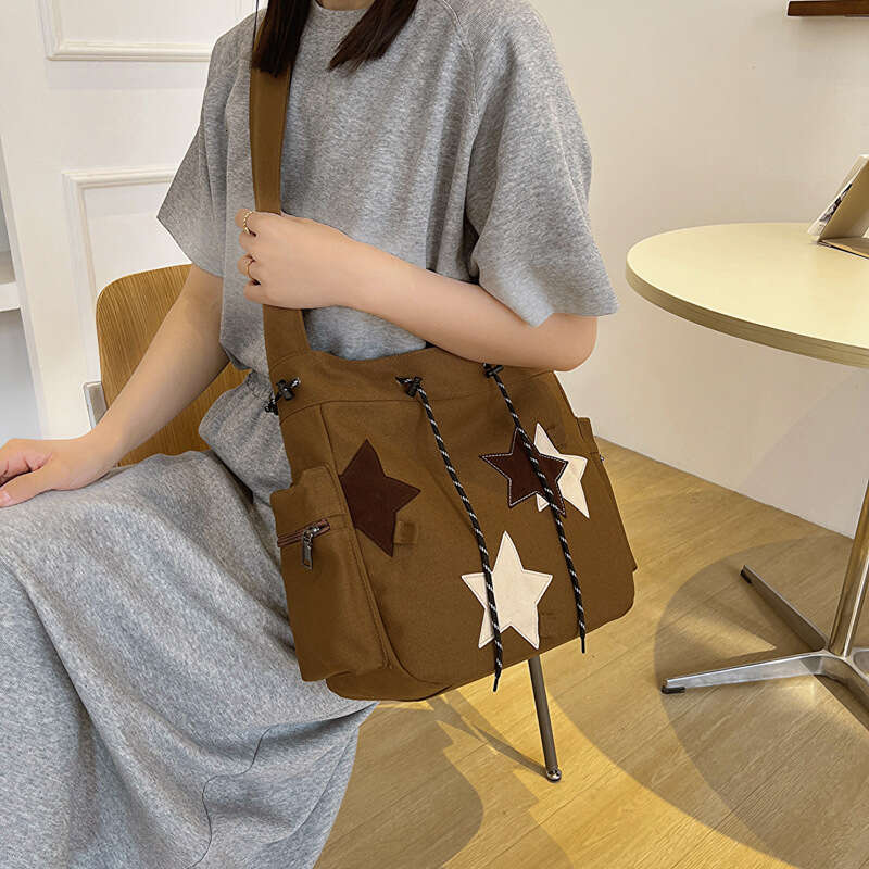 American Style Canvas Star Pattern Literary Casual Backpack Large Capacity Commuter Versatile Fashion Shoulder Bag