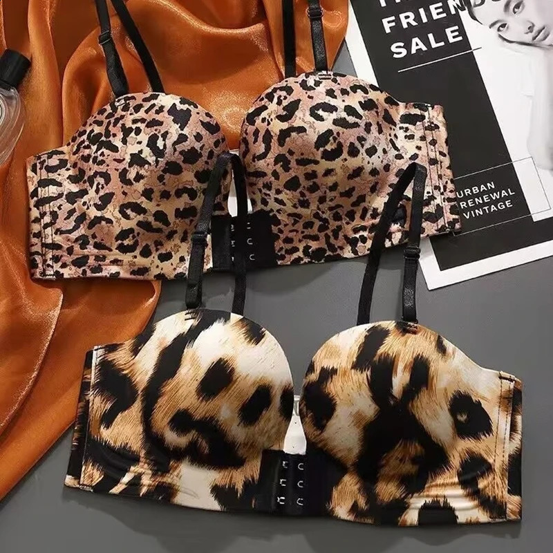 Sexy Front Buckle Leopard Print Womens Underwear Gathered And Collected With Breasts Without Steel Rings And Strapless Bra250826
