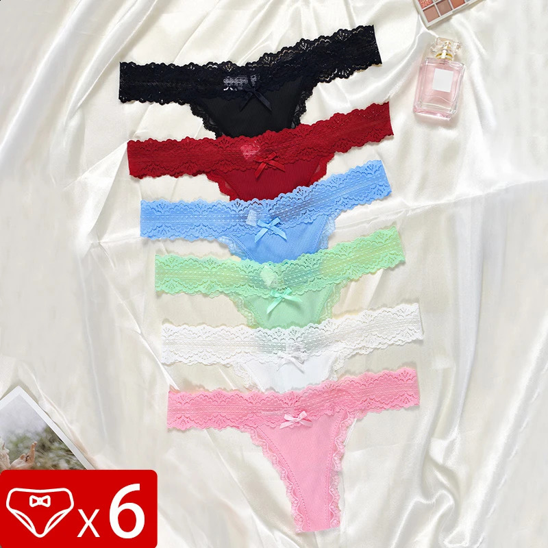 6pcs/Set Perspective Floral Panties Women Lace Thongs Low Waist Comfortable Solid Ladies Gstring Bow Female Sexy Underwear250826