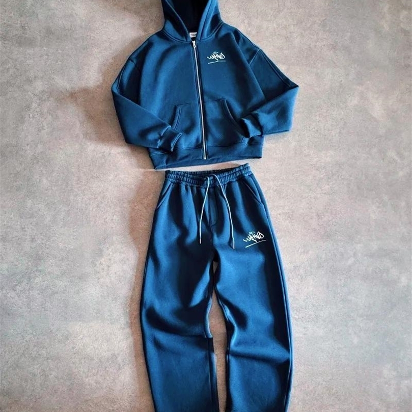 Y2K Leisure Sportswear Loose Hooded Zipper Sweatshirt Straight Pants Two Pieces Couples Soft and Comfortable Student Trend Suit250826