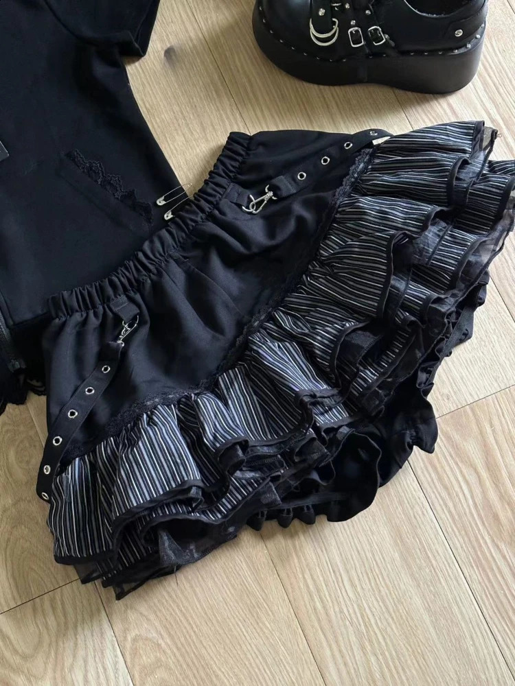 Harajuku Girls Stripe Punk Grunge Skirts Women Y2k Aesthetic High Waist Cake Mini Streetwear Lace Vintage Kawaii Jupe 250827