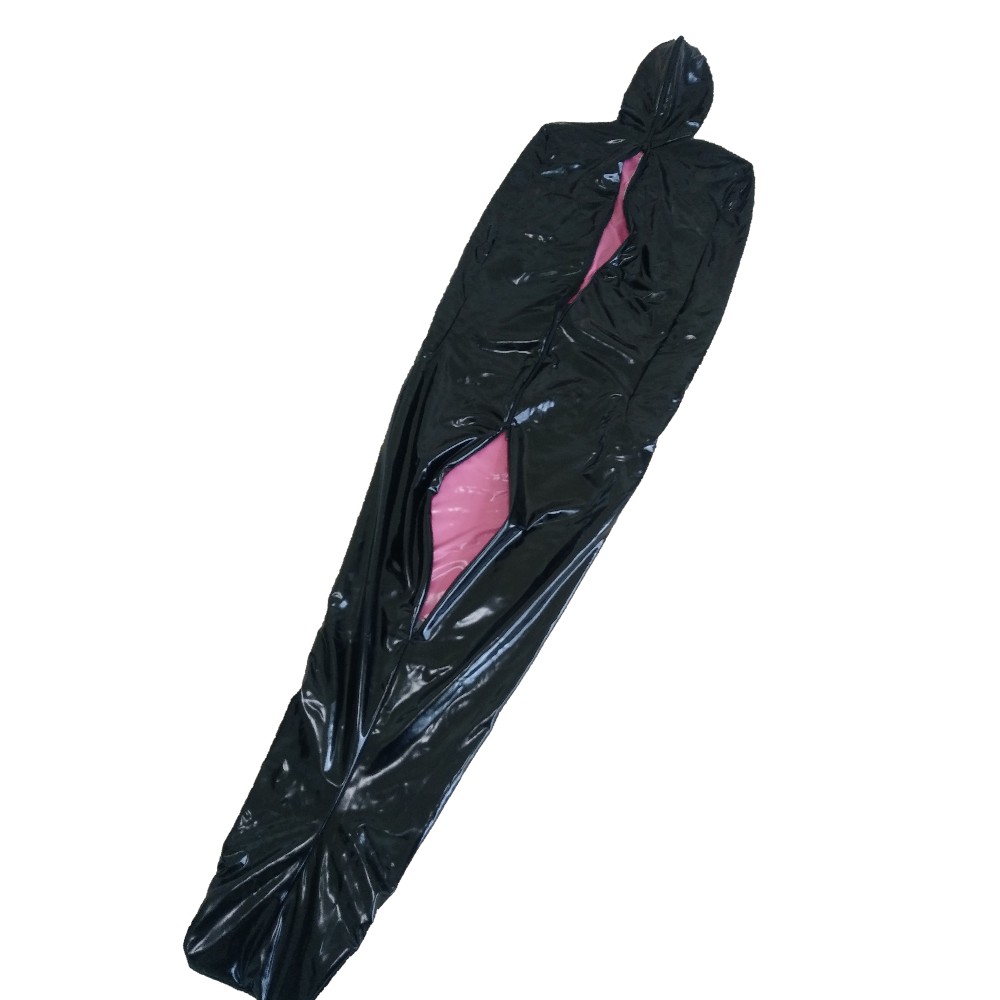 Double Side Wear PVC mummy Bag With internal Sleeves Shiny faux leather sexy Sleeping Bag Bodysuit front 4-ways zipper to knee Catsuit Costumes