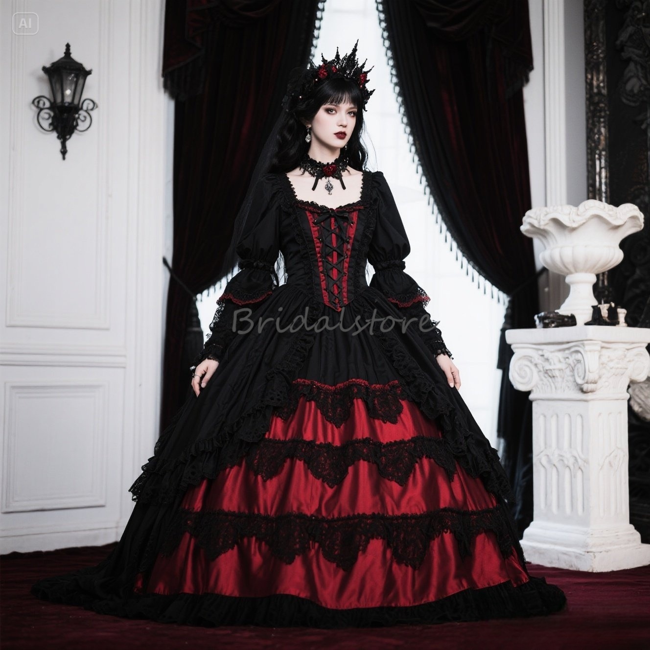 Ethereal Gothic Black And Red Wedding Dress 2025 Fantasy Vampire Victorian Medieval Bridal Dress Long Sleeve Lace Costume Renaissance Bride Gown Rob