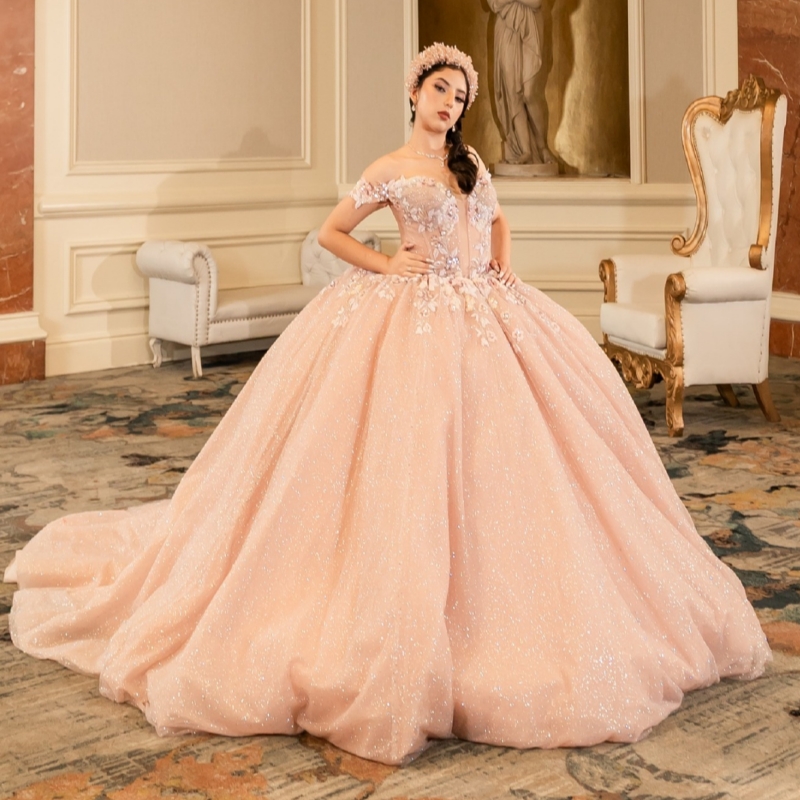 Pink Shiny Princess Off the Shoulder Sweet 16 Dress Quinceanera Dresses Sequin Applique Lace Beads Bow Tull Party Birthday Vestidos De 15 Anos